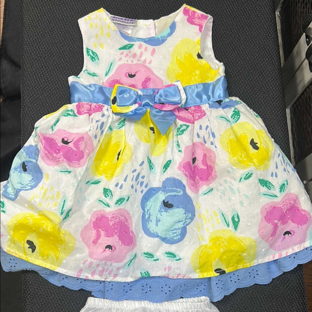 Floral Baby Dress with Blue Lace and White Bloomers